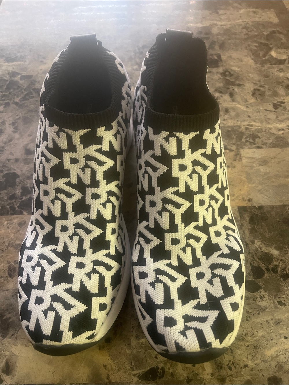 DKNY Black and White Logo Knit Slip-On Sneakers